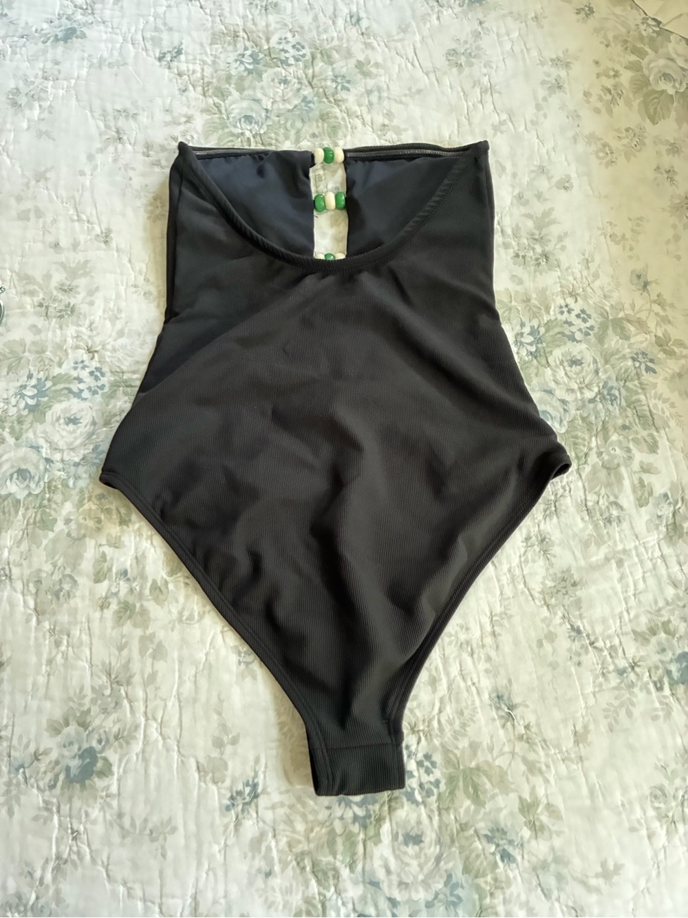 Black One-Piece Swimsuit with Beaded Back Accent